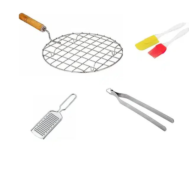 Stainless Steel Cheese Grater, Chimta, Oil Brush Set & Steel Wire Roaster with Wooden Handle, Combo of 4