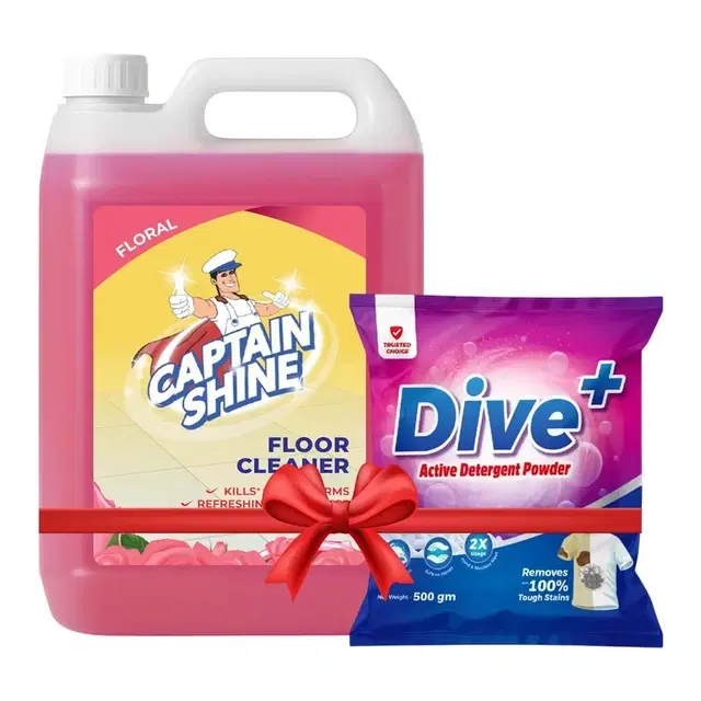 Captain Shine Disinfectant Floor Cleaner 5 L (Floral) + Dive+ Active Detergent Powder 500 g