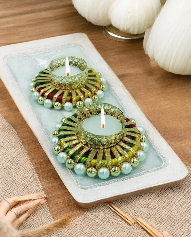 Metal Designer Tealight Candle Holder, Multicolor, 9x9x3 cm, Pack of 2