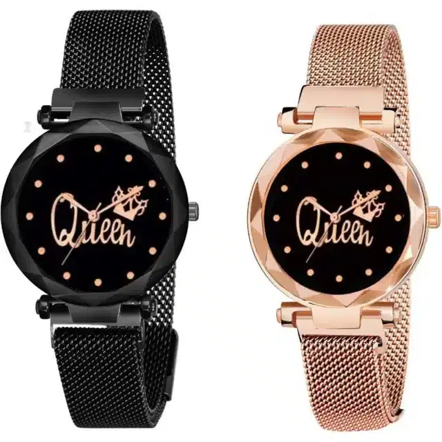 Women's Analog Watches, Pack of 2 (Black & Rose Gold)