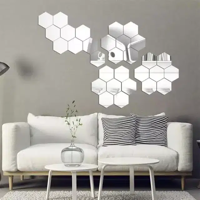 Acrylic Hexagon Shaped Wall Mirror Stickers, Silver, Pack of 30