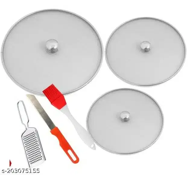Metal Net Lids, 3 Pcs with Cheese Grater, Kitchen Knife & Oil Brush, Red & Silver, Set of 6