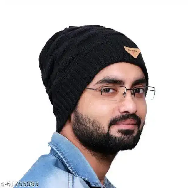 Woolen Beanie Cap for Men & Women (Black)