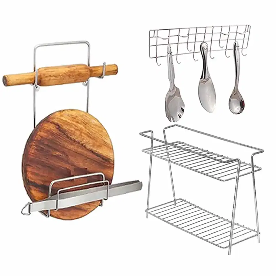 Oc9 Stainless Steel Spice Rack 2 Shelf & Chakla Belan Stand & Wall Mounted Ladle Hook Rail For Kitchen
