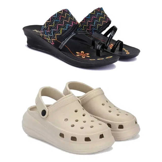 Combo of Sandals & Clogs for Women, Pack of 2 (Black & Beige, 5)