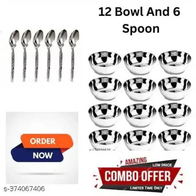 Stainless Steel 12 Pcs Bowls with 6 Pcs Spoon, Silver, Set of 2