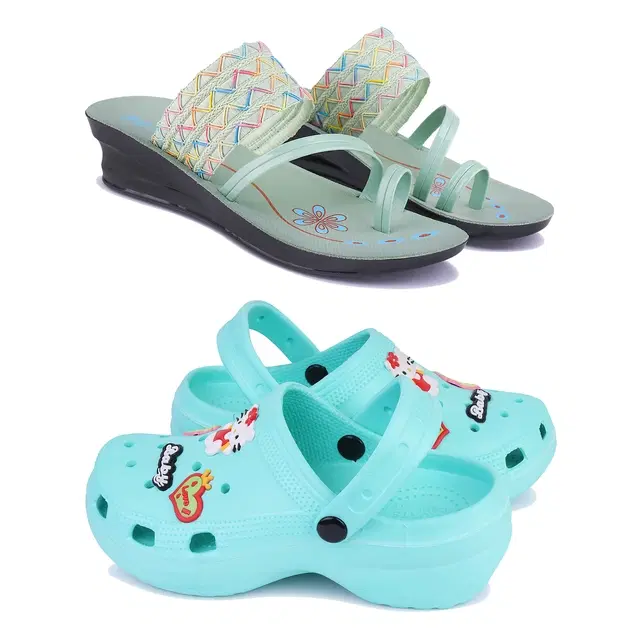 Combo of Sandals & Clogs for Women, Pack of 2 (Mint Green & Aqua Blue, 5)