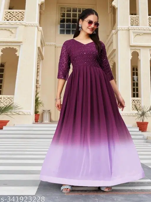 Fit and Flare Embellished Maxi Dress for Women (Purple, S)