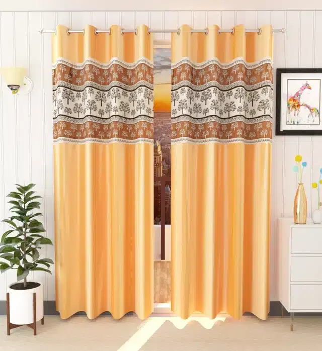 Polyester Patch Worked Window & Door Curtains, Pack of 2, Gold, 5 feet