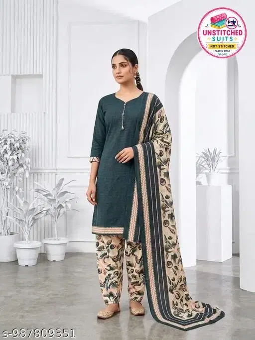 SIMPLYETHNIC Teal Green Cotton Blend Printed Salwar Suit Set for Women (Multicolor, L)