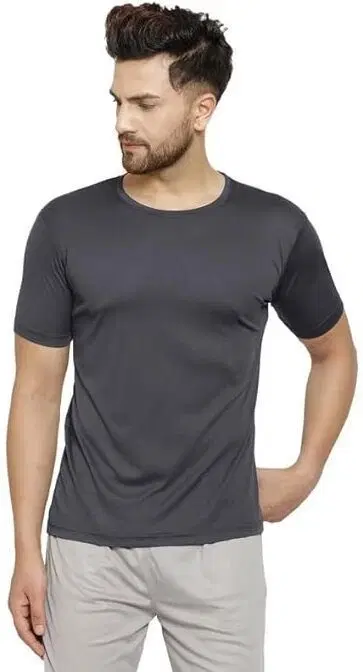 Polyester Solid T-Shirt for Men, Grey (L)