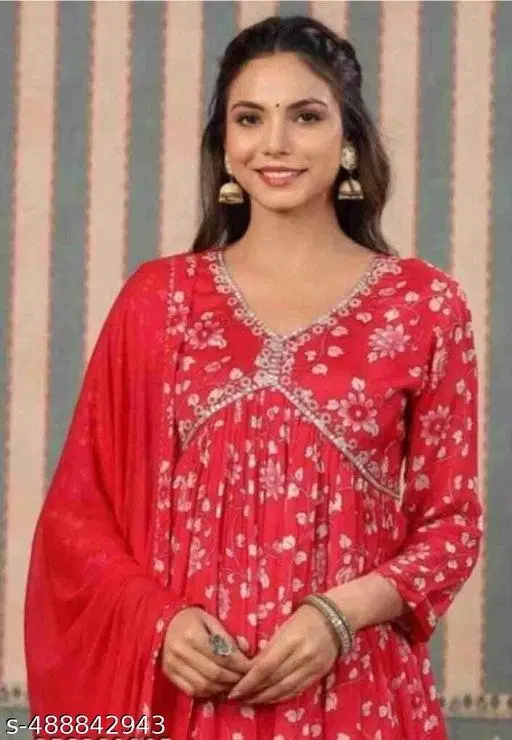 Rayon Aliya Cut Embroidered Kurti with Pant & Dupatta Set for Women, Red (S)