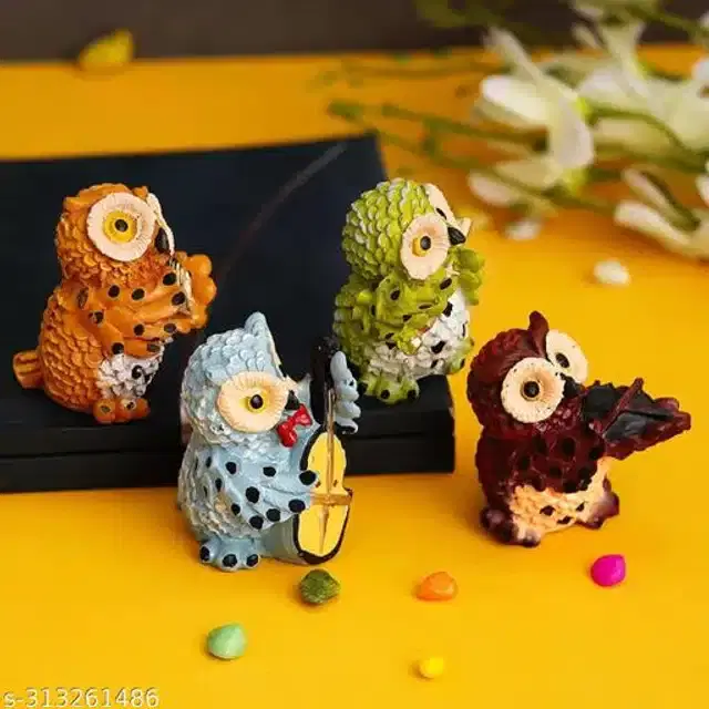 Resin Musical Guitar Owl Showpiece, Multicolor, Set of 4