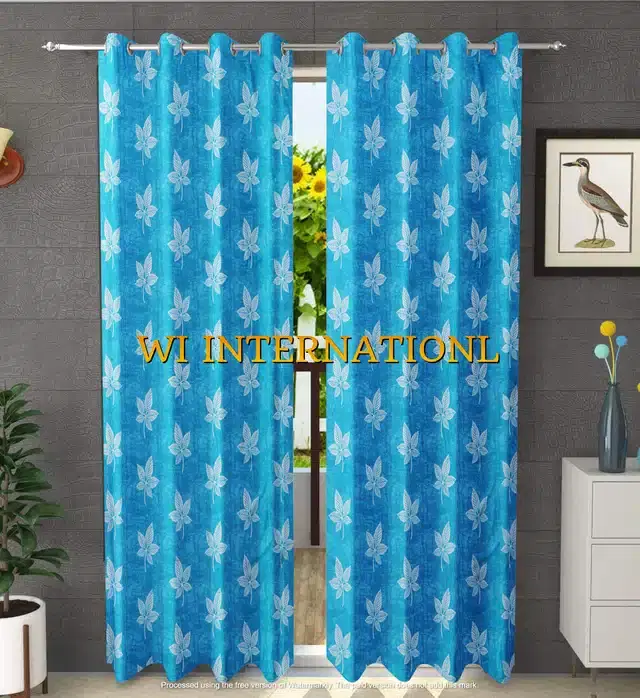 Polyester Printed Window & Door Curtains, Pack of 2, Navy Blue, 7 feet