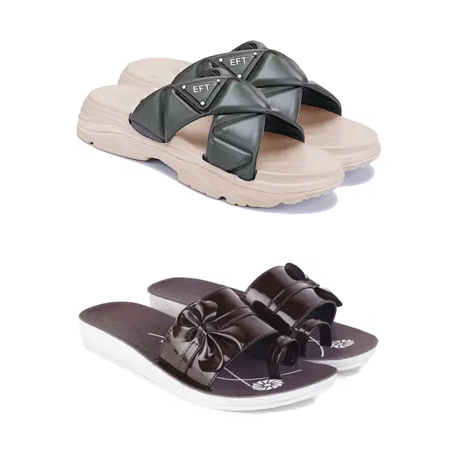 Combo of Sliders & Flats for Women, Set of 2 (Multicolor, 5)