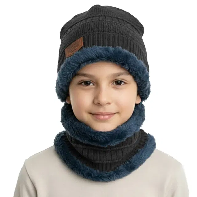 Woolen Solid Cap with Neck Wramer for Kids, Grey