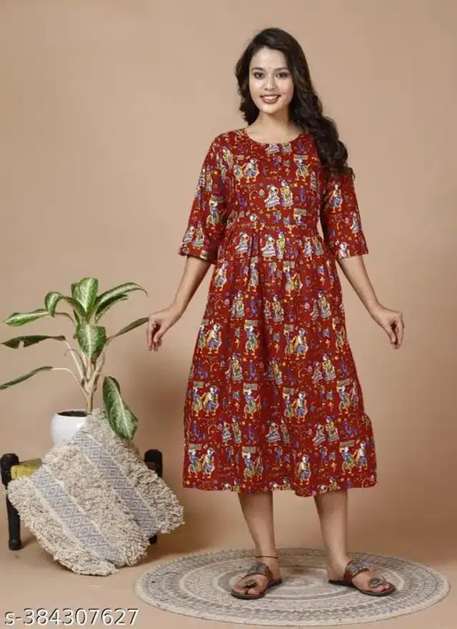 Rayon Printed Fidding Kurti for Women (Brown, L)