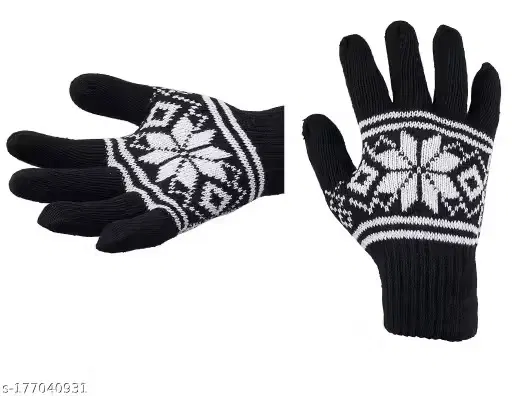 Woolen Printed Gloves for Women (Black, Set of 1)