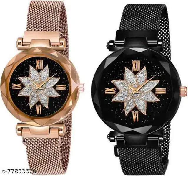 Analog Watch for Women, Pack of 2 (Rose Gold & Black)