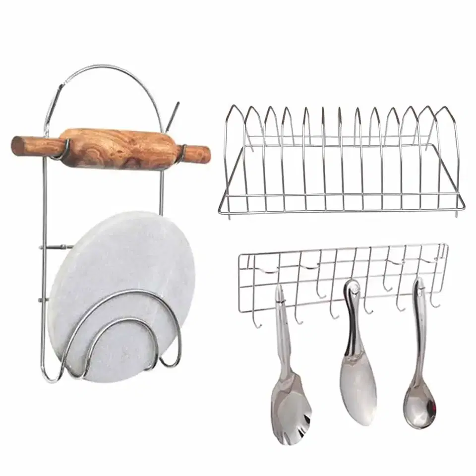 Oc9 Stainless Steel Chakla Belan Stand & Plate Stand & Wall Mounted Ladle Hook Rail For Kitchen, Oc-145