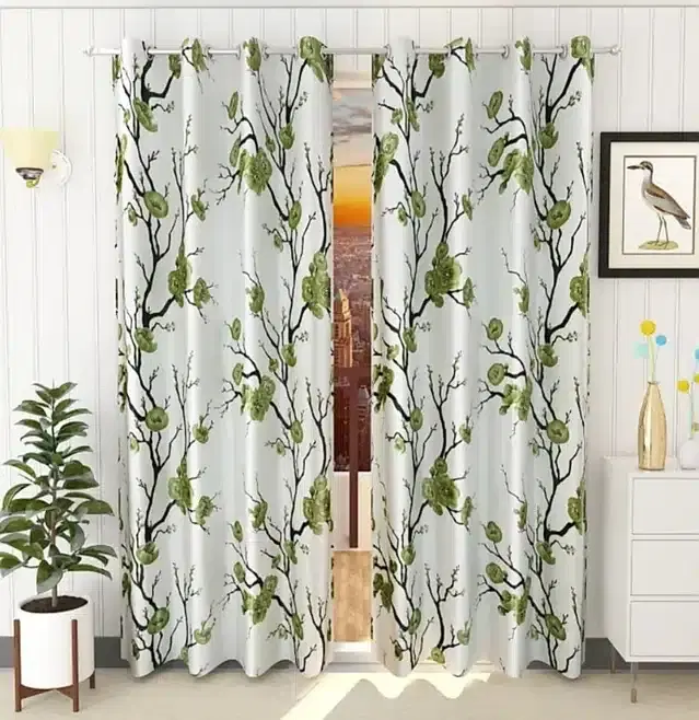 Polyester Printed Window & Door Curtains, Pack of 2, Green, 5 feet