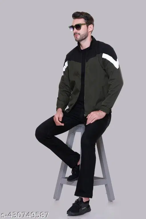 Nylon Solid Jackets for Men (Olive, L)