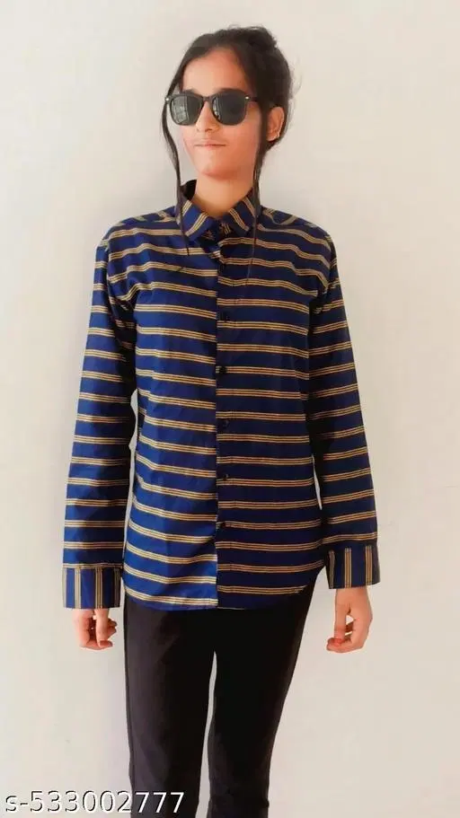 Cotton Blend Striped Shirt for Women, Navy Blue (S)