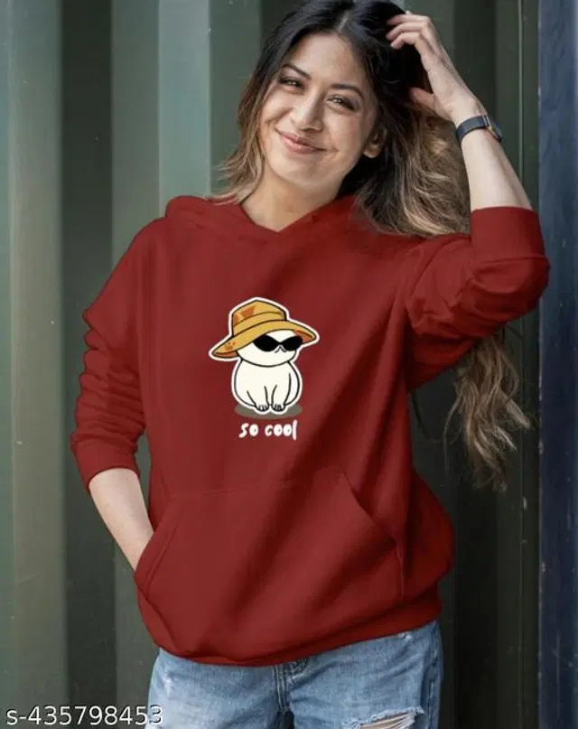 Fleece Printed Hoodie for Women (Maroon, S)
