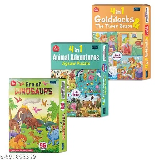 4 In 1 Animals Adventures + 4 In 1 Goldilocks & Three Bear + Era Of Dinosaur | Engaging Puzzle Learning Fun for Kids (288 Pieces) | Set of 3