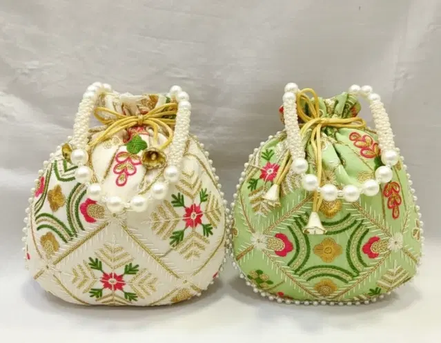 Handcrafted Embroidered Silk Potli Bag, Multicolour, Pack of 2