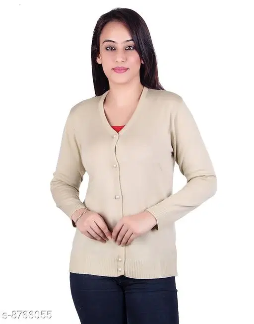 Acrylic Solid Sweater for Women (Beige, M)