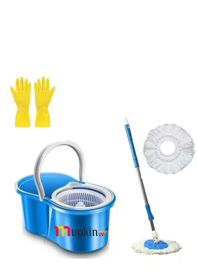 PVC Magic Spin Bucket Mop with 2 Refills & Rubber Cleaning Gloves Set, Blue, Set of 2