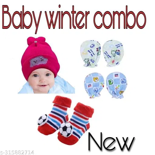 Combo of Cap, Booties & Mitten, Set of 4 (2 Pair) (Multicolor)