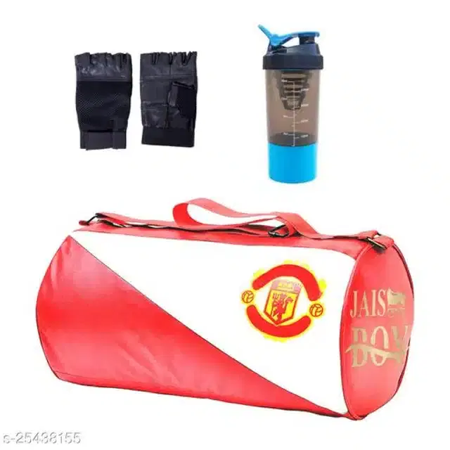 Combo of Gym Bag with Shaker Bottle, 400 ml, Gloves, Multicolor, Set of 3