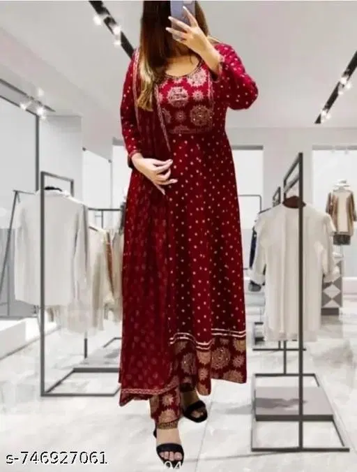 Rayon embroidered Anarkali Kurta Set for Women ( Red,XXL )