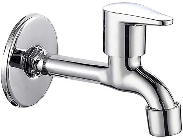Stainless Steel Long Body Bib Cock Tap with Wall Flange, Silver, Set of 1