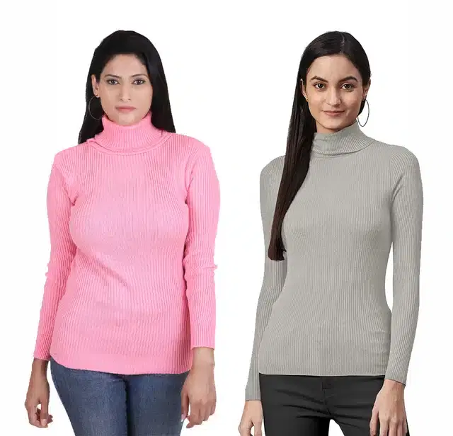 Full Sleeves High Neck Sweater for Women, Pack of 2 (Pink & Grey, S)