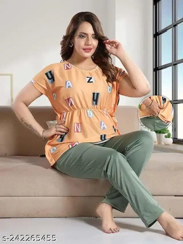 Satin Nightsuit for Women (Orange & Mint Green, M)