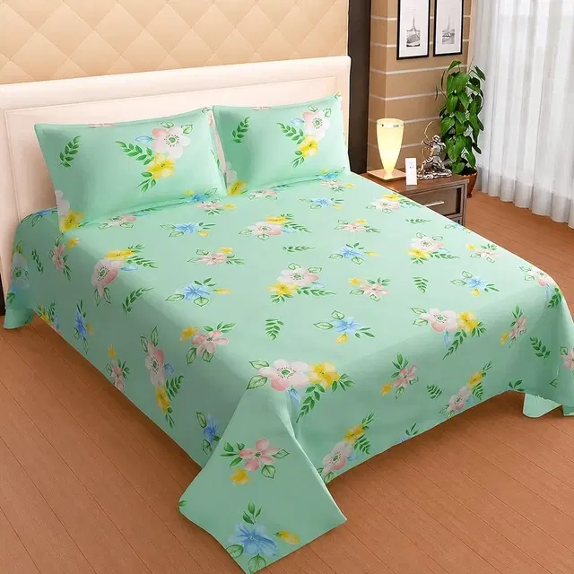 Polycotton Double Bedsheet, 88 X 90 Green Multi Floral