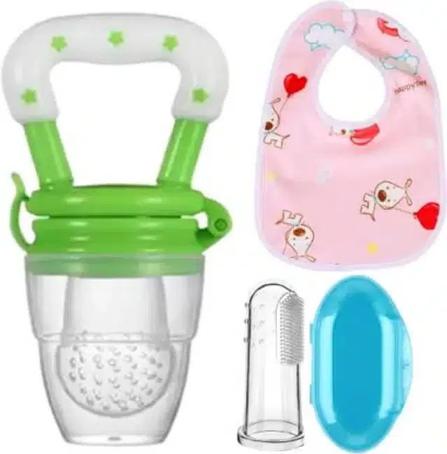 Silicone Fruit Feeder with Finger Brush & Bib for Kids, Multicolor, Set of 3