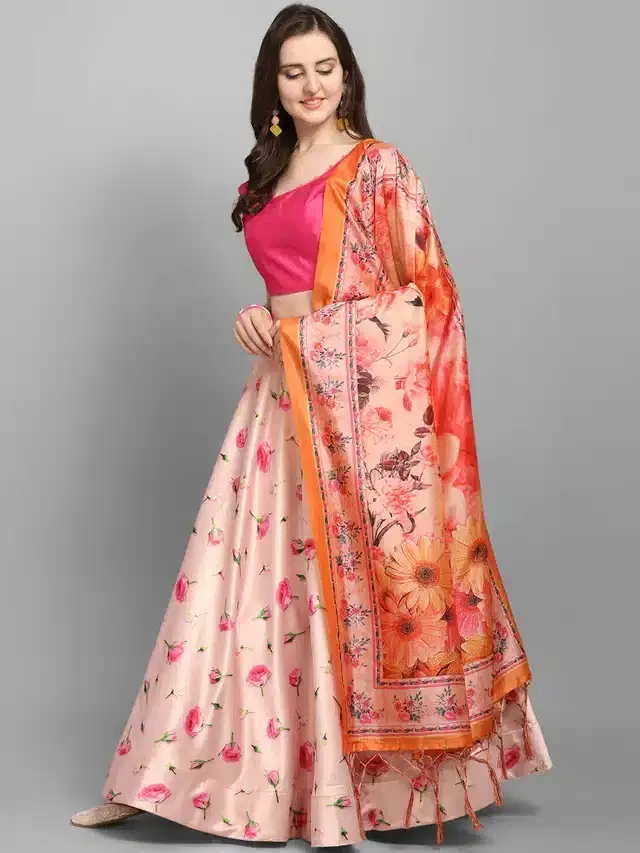 Digital Printed Unstitched Lehenga Choli for Women (Pink)