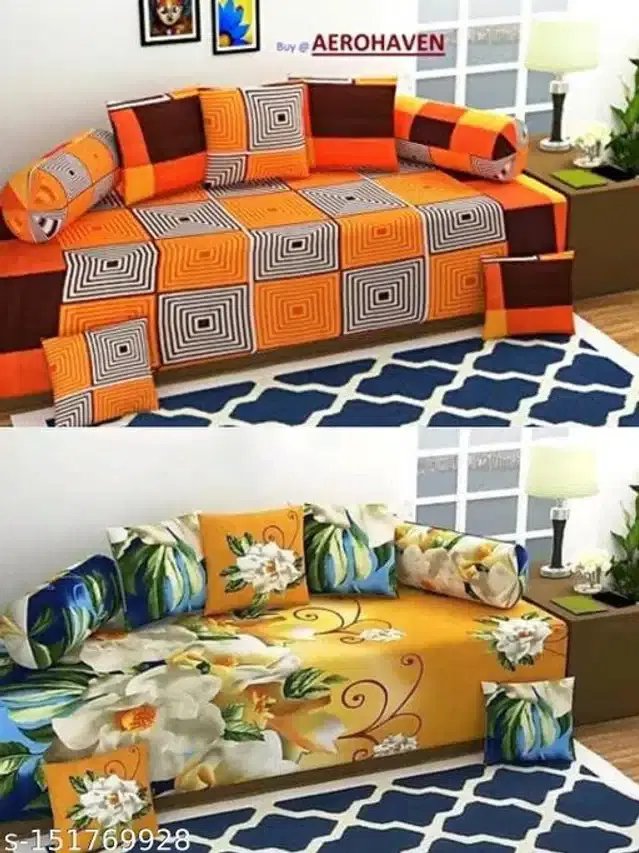 Polycotton Diwan Cover Set, Multicolor, Combo of 2