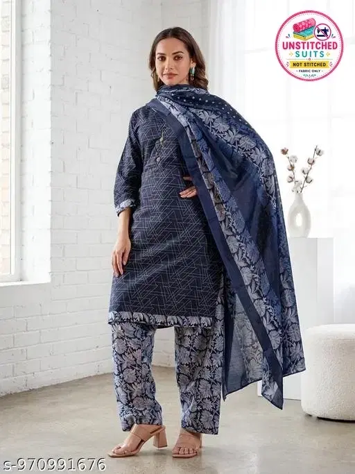 SIMPLYETHNIC Cotton Blend Printed Salwar Suit Set for Women (Blue, L)