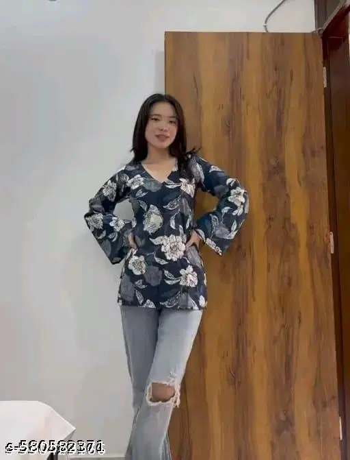 Rayon Printed Short Kurti for Women, Blue (M)