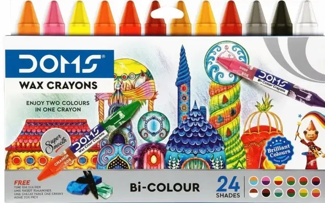 DOMS Bi-Color Wax Crayons with free Sketch pen, Eraser & Sharpener, 24 Shades, Pack of 1
