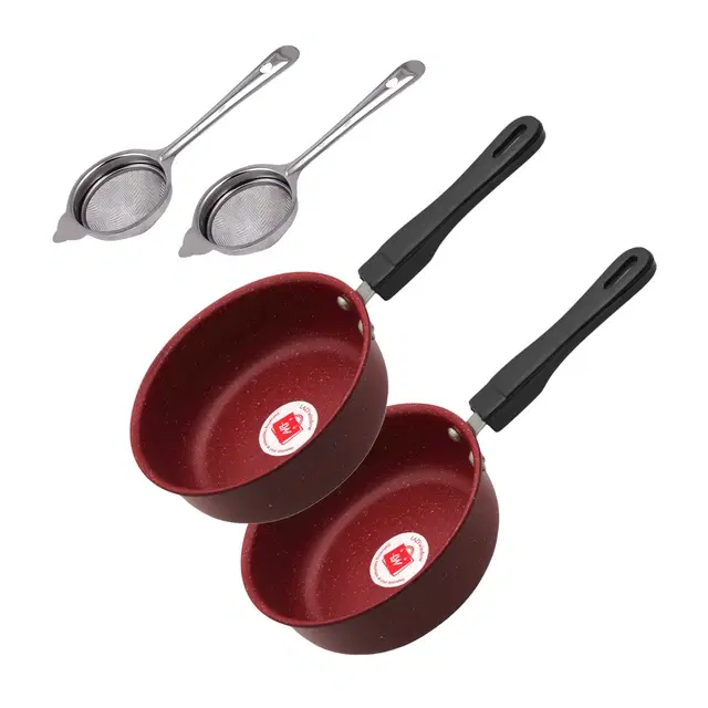 Non Stick Metal 2 Pcs Saucepan with 2 Pcs Tea Strainer, Set of 4, Maroon & Silver