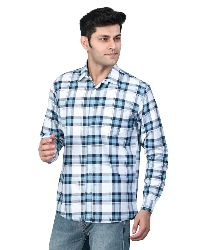 Poly Cotton Full Sleeves Chequered Shirt for Men, White (M)