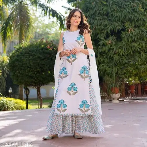 Floral Print Cotton Blend Kurti with Pant & Dupatta Set for Women (White, L)