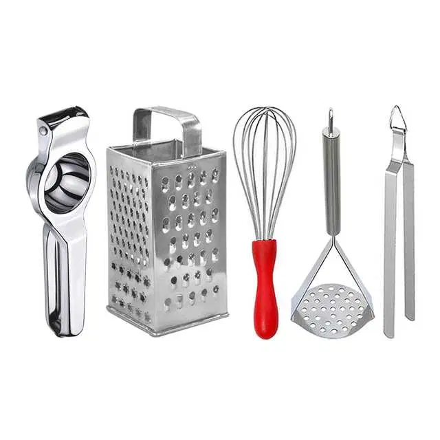 Oc9 Stainless Steel Lemon Squeezer & 4 in 1 Grater Or Slicer & Egg Whisk & Potato Masher & Roti Chimta Kitchen Tool Set, O-155
