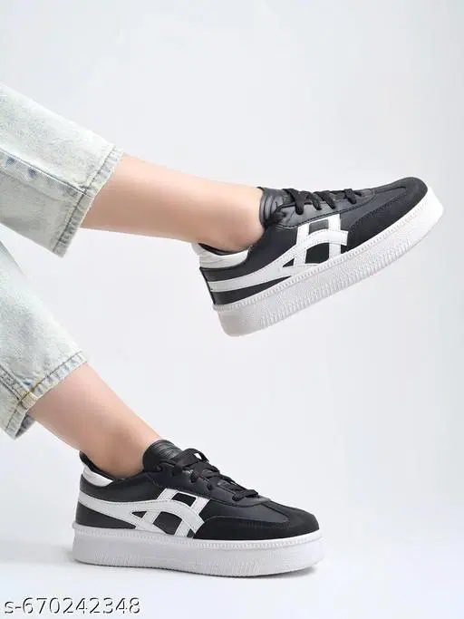 Solid Synthetic Slip-on Sneakers for Women (Black, IND-3)